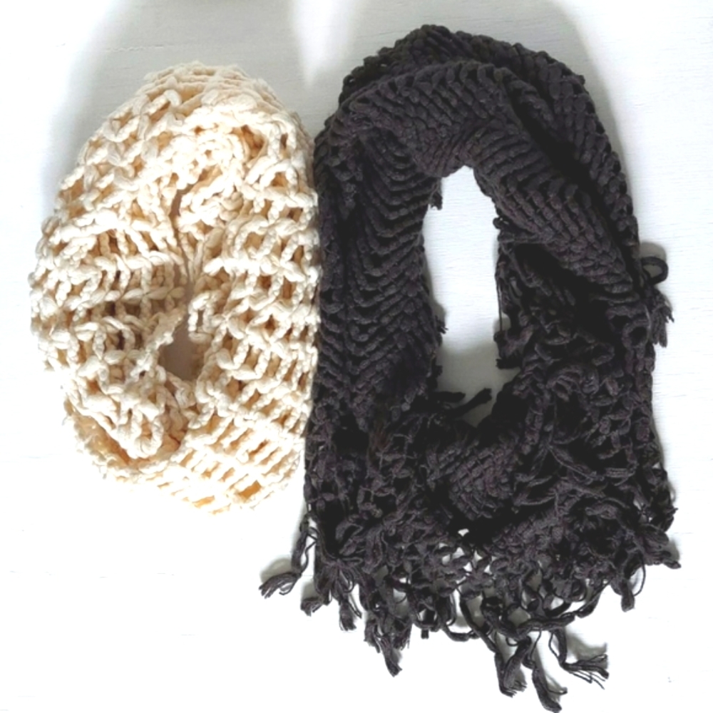 2 Open Knit Infinity Scarves, cream and charcoal NWT